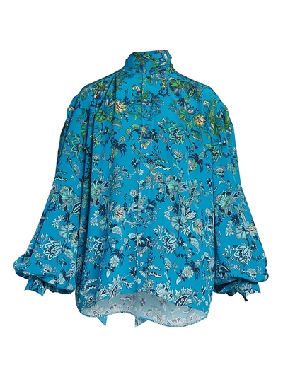 Shop Givenchy Women's Floral Puff-sleeve Silk Blouse In Blue Green