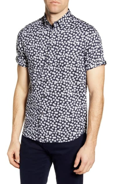 Shop Ted Baker Relax Floral Short Sleeve Button-up Shirt In Navy
