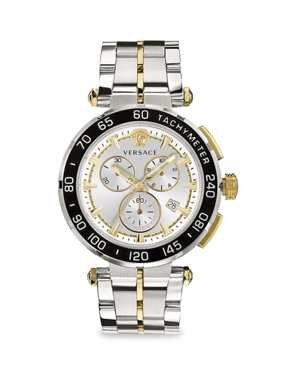 Shop Versace Men's Greca Stainless Steel Bracelet Chronograph Watch In Silver