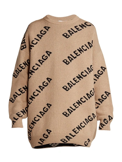 Shop Balenciaga Women's Logo Intarsia Wool-blend Knit Crewneck Sweater In Beige Black