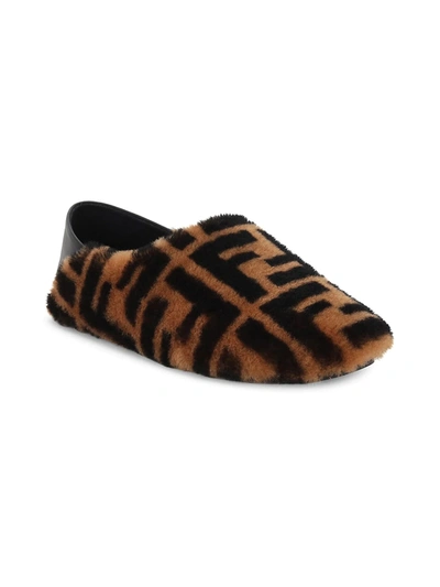 Shop Fendi Women's Ff Shearling Slippers In Tabacco Nero