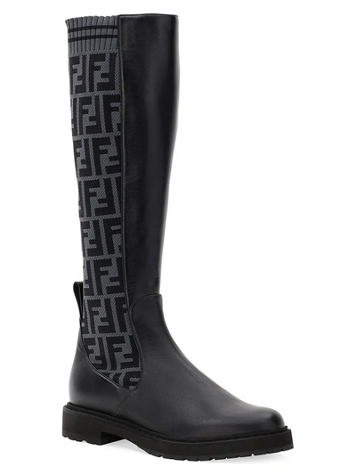 Shop Fendi Knee-high Knit Leather Combat Boots In Nero Charcoral