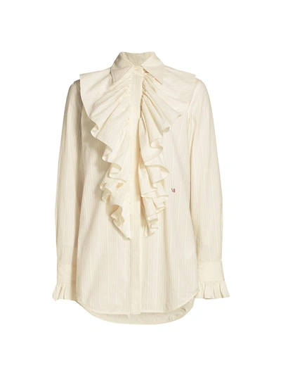 Shop Victoria Beckham Ruffle Front Pinstripe Shirt In Off White