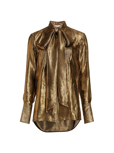 Shop Victoria Beckham Metallic Pinstripe Tieneck Blouse In Gold Black
