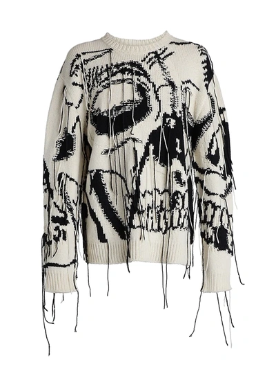 Shop Alexander Mcqueen Men's Distressed Thread Skull Crewneck Sweater In Black White
