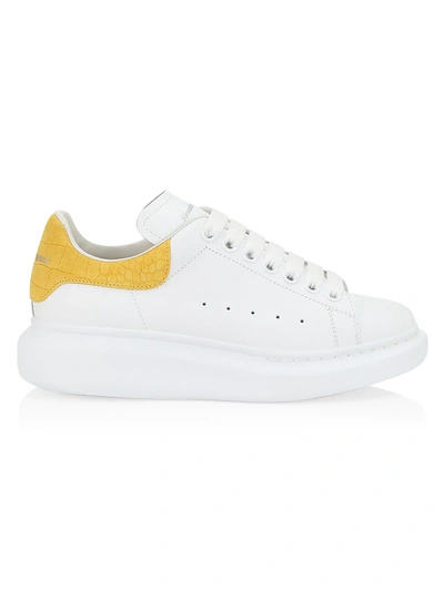 Shop Alexander Mcqueen Croc-embossed & Suede Oversized Sneakers In White Marigold