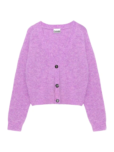 Shop Ganni Soft Wool Knit Cardigan In Pastel Lilac
