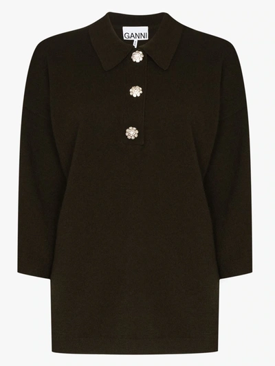 Shop Ganni Crystal Button Cashmere Polo Top In Green