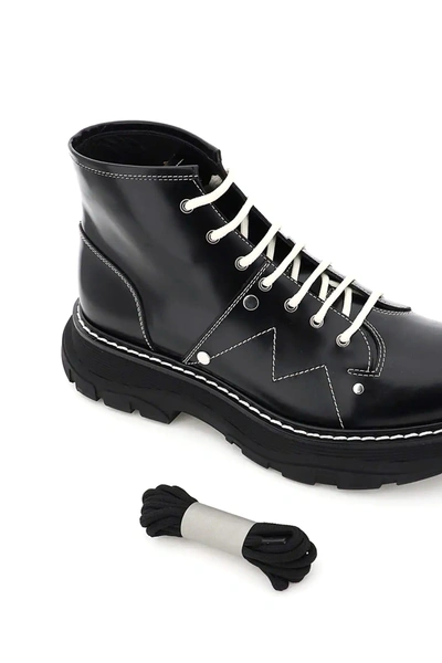 Shop Alexander Mcqueen Leather Lace-up Boots With Stitching In Black,white