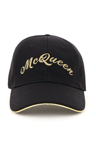 Shop Alexander Mcqueen Baseball Cap Golden Logo In Black,gold