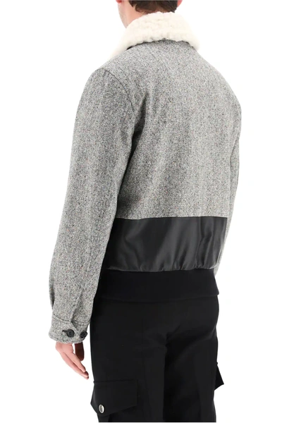 Shop Alexander Mcqueen Tweed Bomber Jacket With Shearling Collar In Grey,black