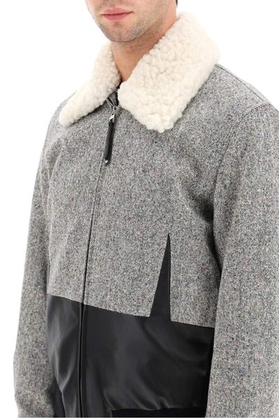 Shop Alexander Mcqueen Tweed Bomber Jacket With Shearling Collar In Grey,black