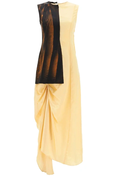 Shop Marni Asymmetrical Dress With Draping In Yellow,brown