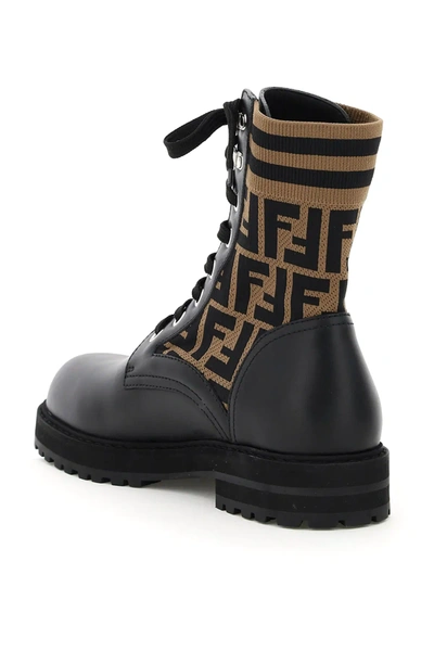 Shop Fendi Biker Boots Ff Knit In Brown,black