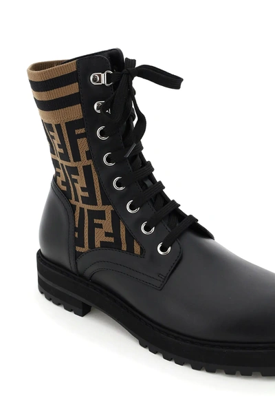 Shop Fendi Biker Boots Ff Knit In Brown,black