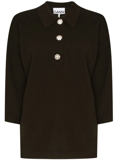 Shop Ganni Crystal-button Cashmere Polo Top In Green