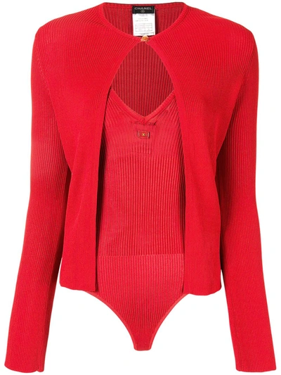 Pre-owned Chanel 2002 Ribbed Bodysuit And Cardigan Set In Red