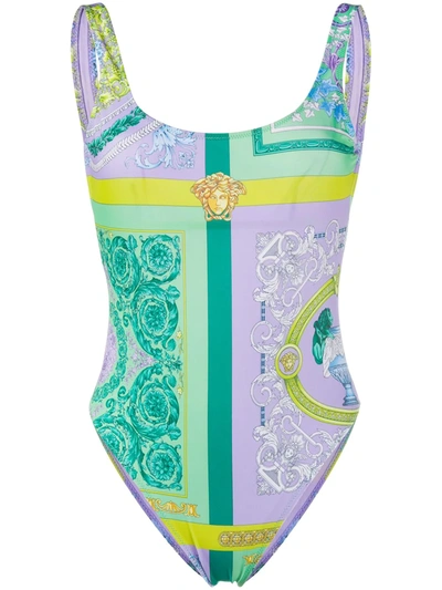 Shop Versace Barocco Mosaic-print Swimsuit In Green