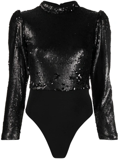 Shop Alchemy Sequin-embellished Puff-sleeve Bodysuit In Black
