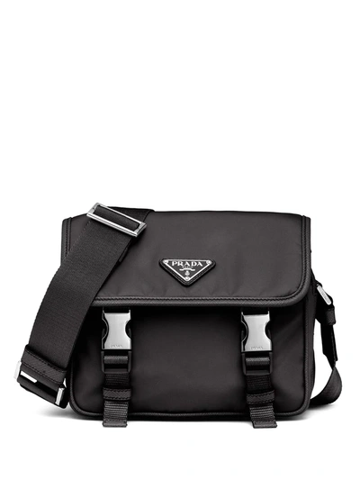 Shop Prada Nylon Logo Plaque Shoulder Bag In Black