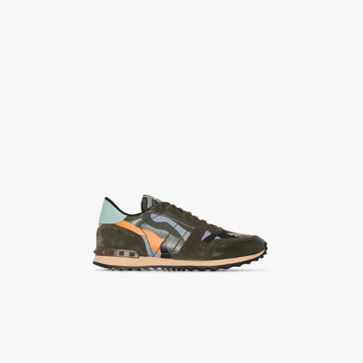Shop Valentino Green Multicoloured Rockrunner Camouflage Sneakers