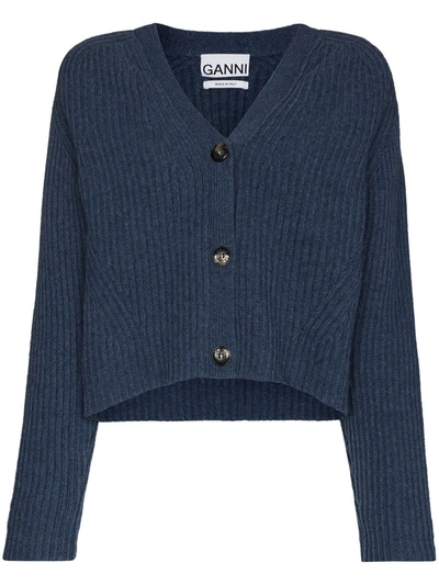 Shop Ganni Ribbed-knit Wool Cardigan In Blue