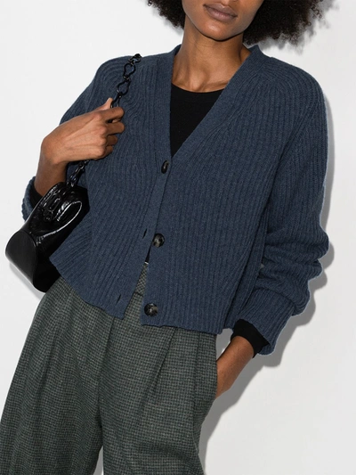 Shop Ganni Ribbed-knit Wool Cardigan In Blue