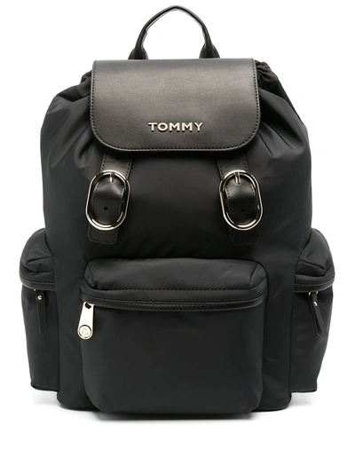Shop Tommy Hilfiger Logo-plaque Buckled Backpack In Black