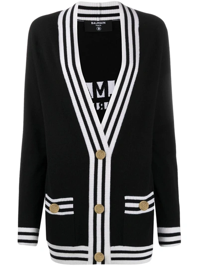 Shop Balmain Stripe-trim Longline Cardigan In Black