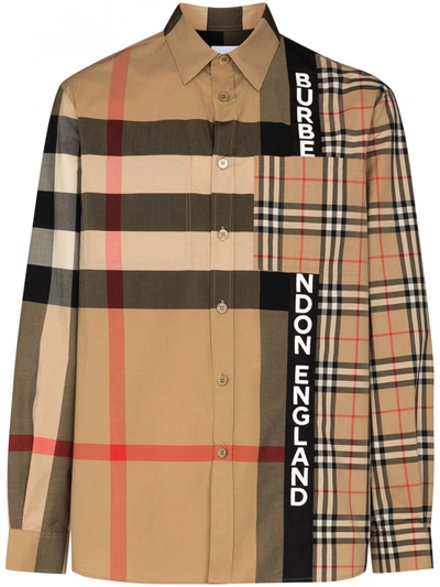 Shop Burberry Cotton Talby Patchwork Checked Shirt In Beige
