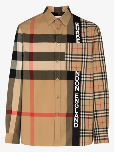 Shop Burberry Cotton Talby Patchwork Checked Shirt In Beige