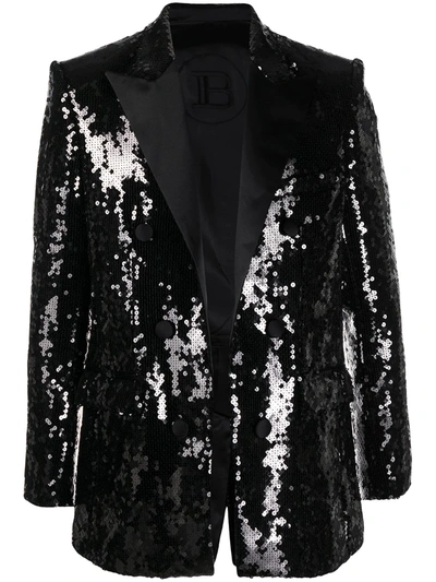Shop Balmain Sequin-embellished Double-breasted Blazer In Black