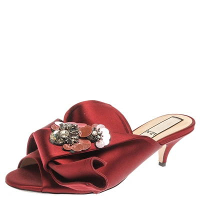 Pre-owned N°21 Burgundy Satin Embellished Knot Mule Sandals Size 40