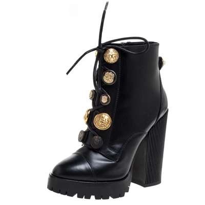 Pre-owned Dolce & Gabbana Dolce And Gabbana Black Leather Pearl/button Embellished Platform Combat Ankle Boots Size 38
