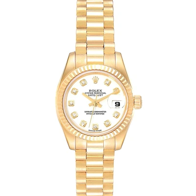 Pre-owned Rolex White Diamonds 18k Yellow Gold President Datejust 179178 Women's Wristwatch 26 Mm