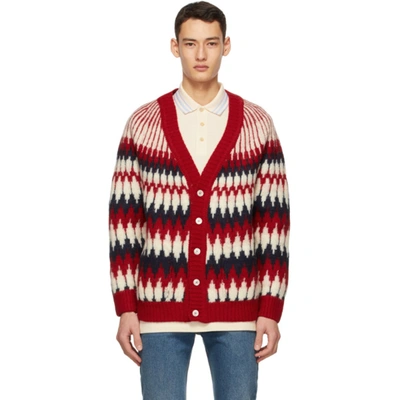 Shop Gucci Red Wool Jacquard Zigzag Cardigan In 9118 Ivory/