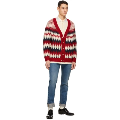 Shop Gucci Red Wool Jacquard Zigzag Cardigan In 9118 Ivory/