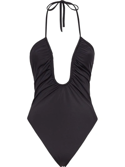 Shop Fendi U-neck Ruched Swimsuit In Black