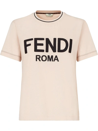 Shop Fendi Embroidered Logo T-shirt In Neutrals