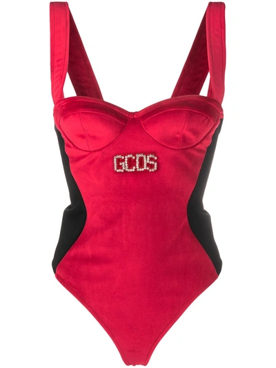 Shop Gcds Embellished-logo Panelled Bodysuit In Red