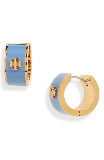 Shop Tory Burch Kira Enamel Huggie Hoop Earrings In Tory Gold / Himalaya Blue