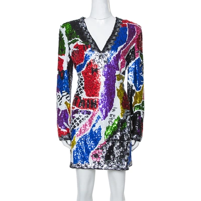 Pre-owned Balmain Multicolor Abstract Sequin Embellished Fitted Mini Dress L