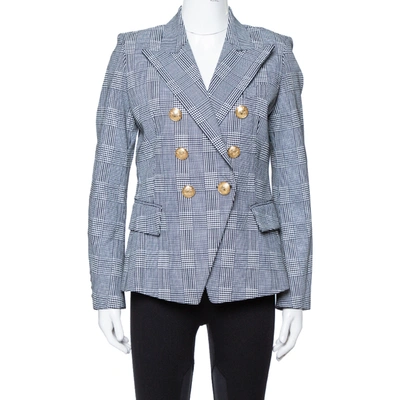 Pre-owned Balmain Monochrome Checked Prince Of Wales Double Breasted Blazer M In Black