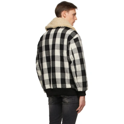 Shop R13 Black & Off-white Exaggerated Collar Bomber Jacket In Buff Plaid
