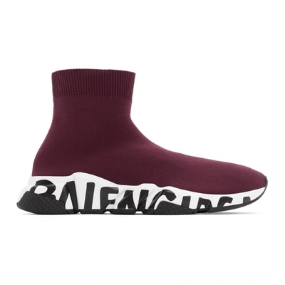 Shop Balenciaga Burgundy & White Graffiti Sole Speed High-top Sneakers In 6091 Prune