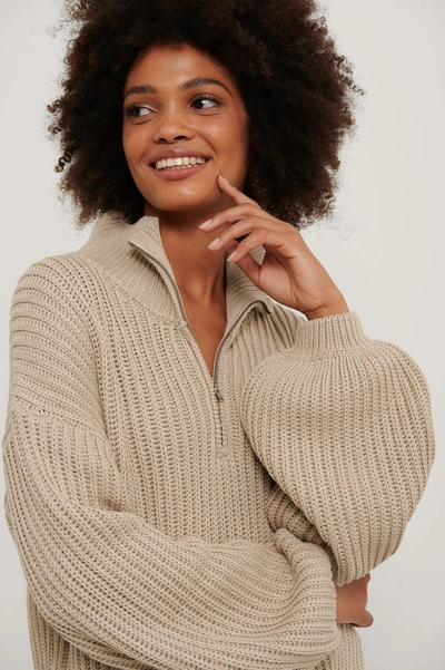 Shop Na-kd Reborn Organic High Neck Zipped Knitted Sweater - Beige