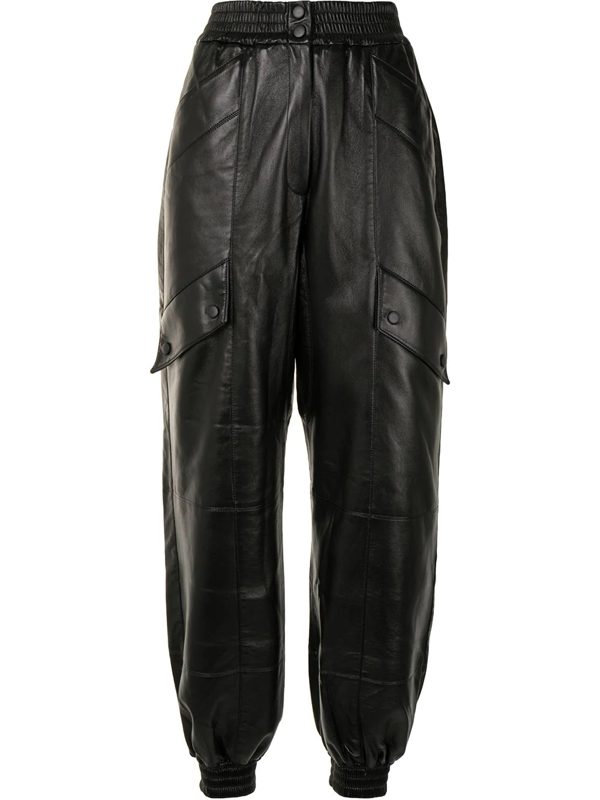 black faux leather cargo trousers