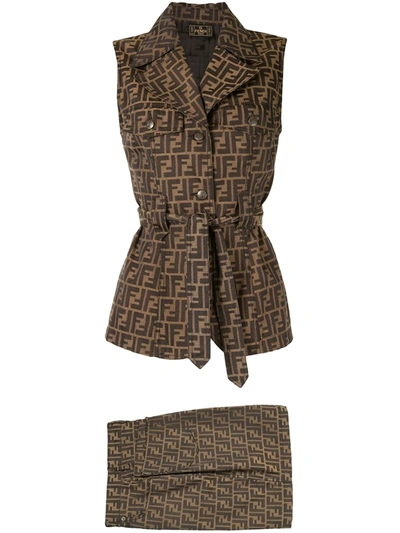 Pre-owned Fendi 1990s Zucca Tied Skirt And Top Set In Brown