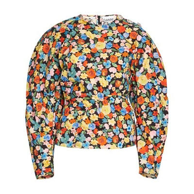 Shop Ganni Printed Cotton Poplin Shirt In Multicolour
