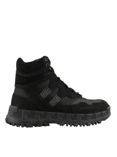 Shop Versace Suede And Fabric Hiking Boots In Black